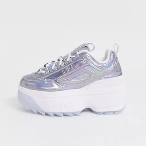 Fila disrupter iridescent wedge sneaker in silver